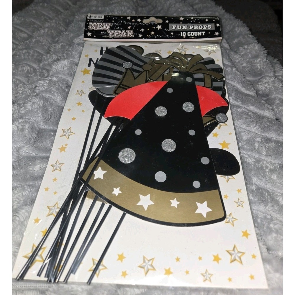 Happy New Year Fun Props 10 Count Photo Booth Sticks Black Gold Silver 990797